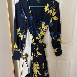 halogen navy blue purple yellow wrap dress size xs petite